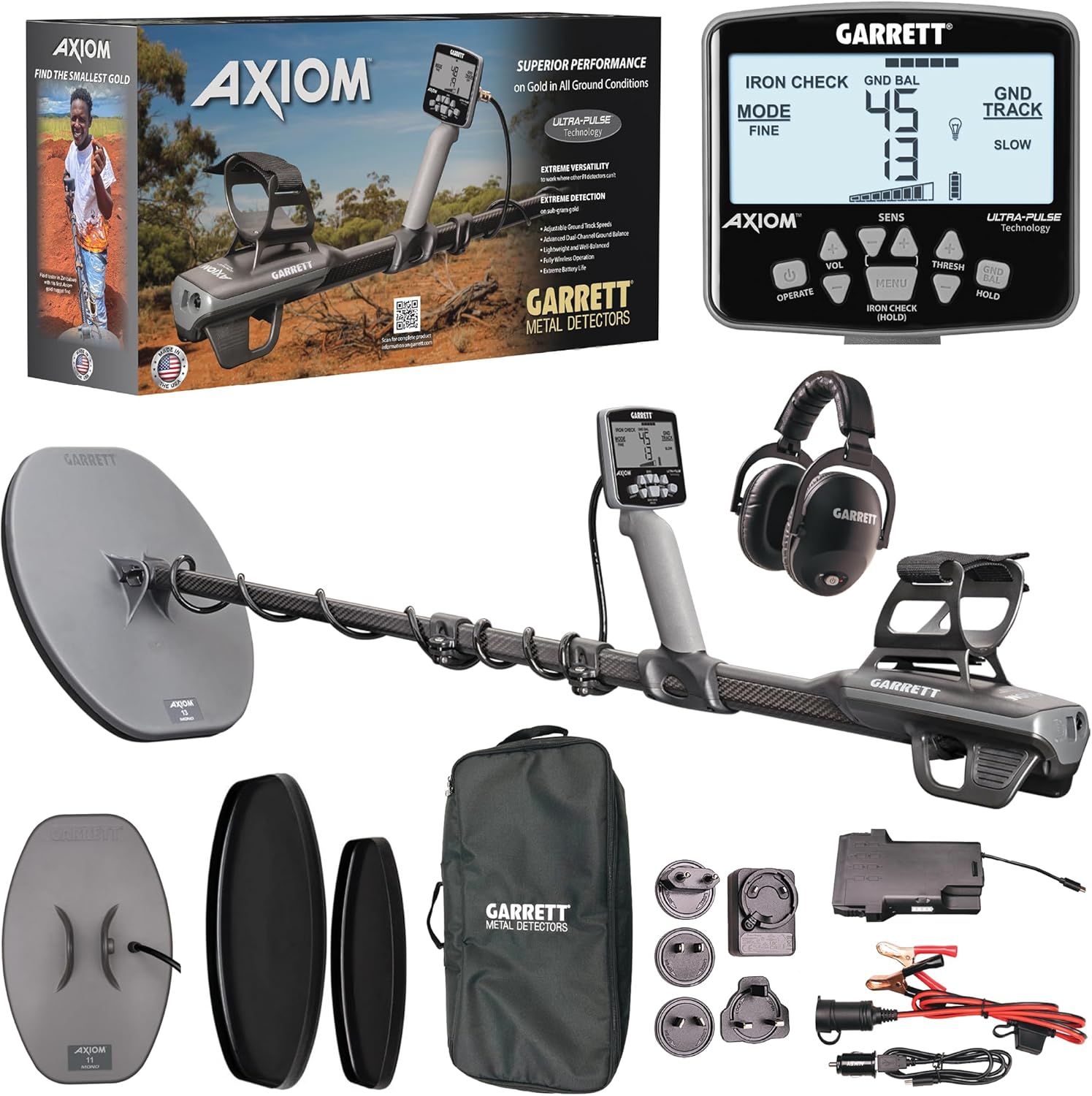 Garrett Axiom Pro Gold Pulse Induction Metal Detector with 11" Mono Coil, 13"x11" DD Coil, Wireless Headphones, Battery Booster & Travel Pack