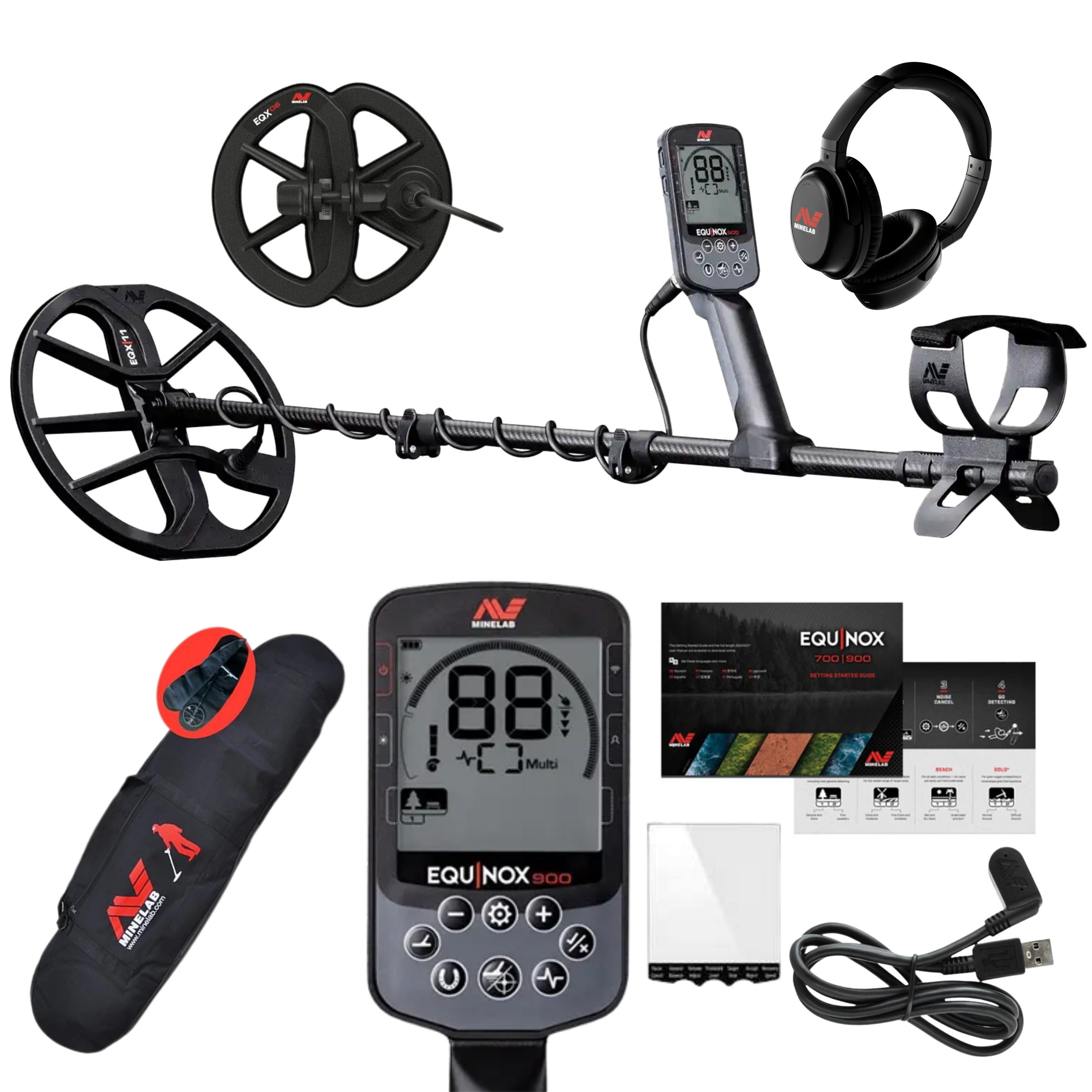 Minelab Equinox 900 Waterproof Multi-Frequency Metal Detector with 11" & 6" DD Coils and Padded Carry Bag