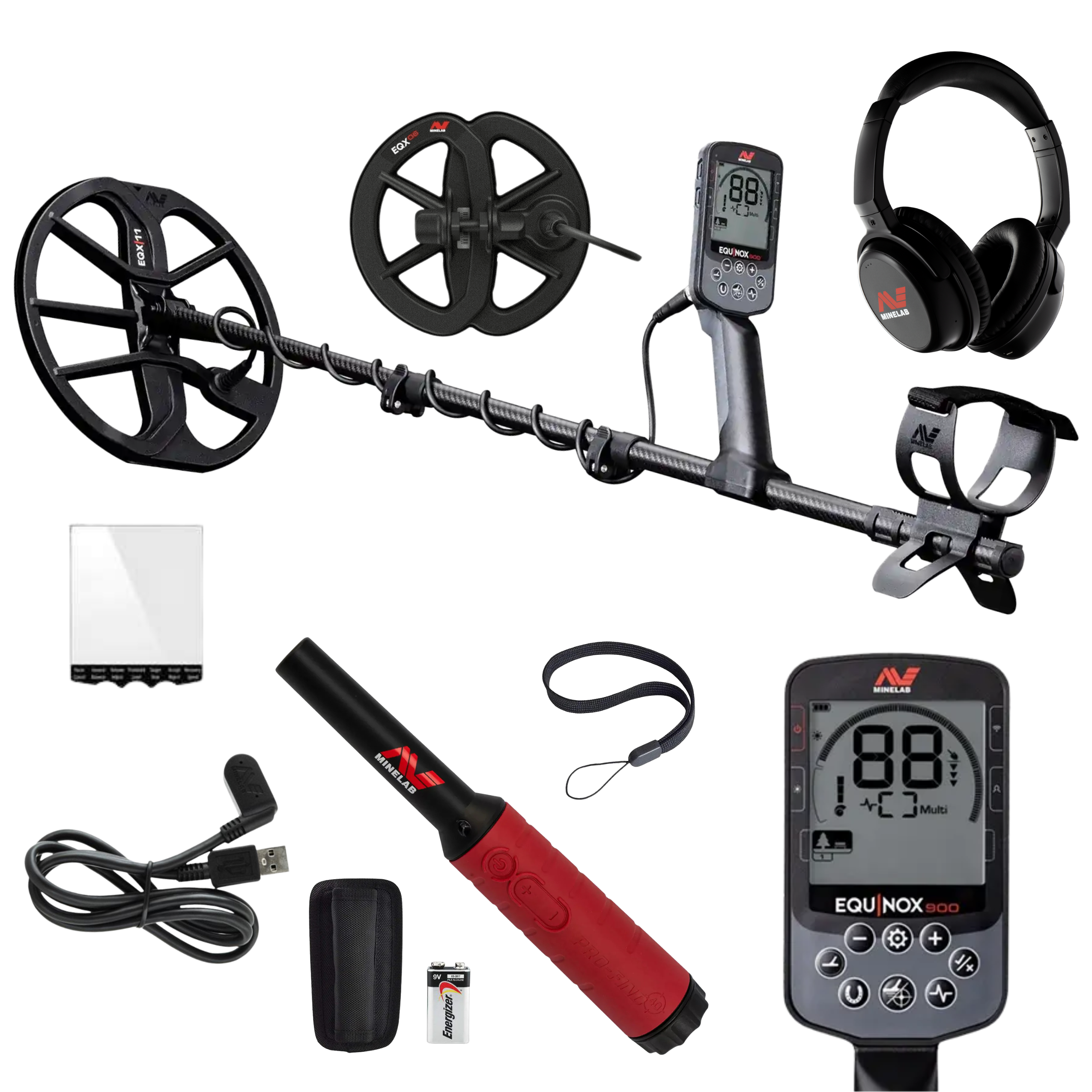 Minelab Equinox 900 Waterproof Multi-Frequency Metal Detector with 11" & 6" DD Coils and Pro-Find 40 Pinpointer