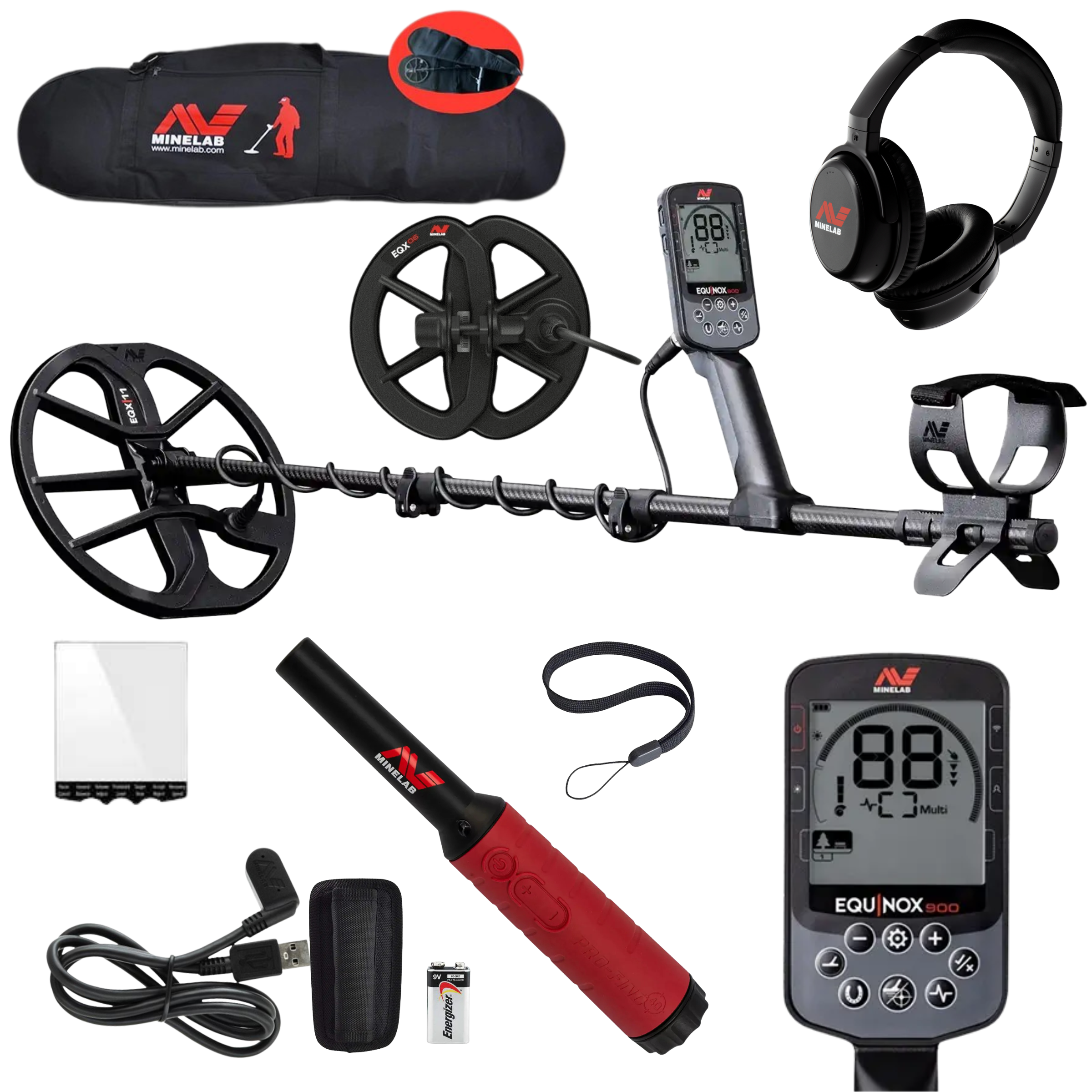 Minelab Equinox 900 Waterproof Multi-Frequency Metal Detector with 11" & 6" DD Coils, Pro-Find 40 Pinpointer & Padded Carry Bag