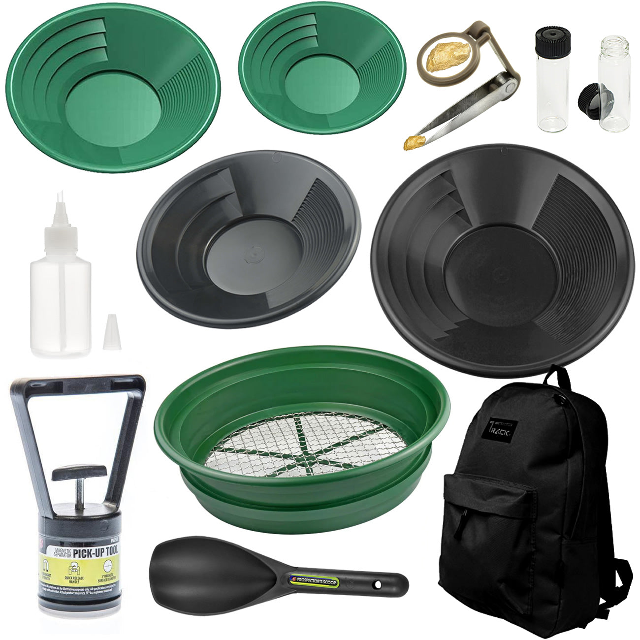 Deluxe Gold Panning Kit – 12-Piece Set with Gold Pans, Tools & Backpack for Prospecting