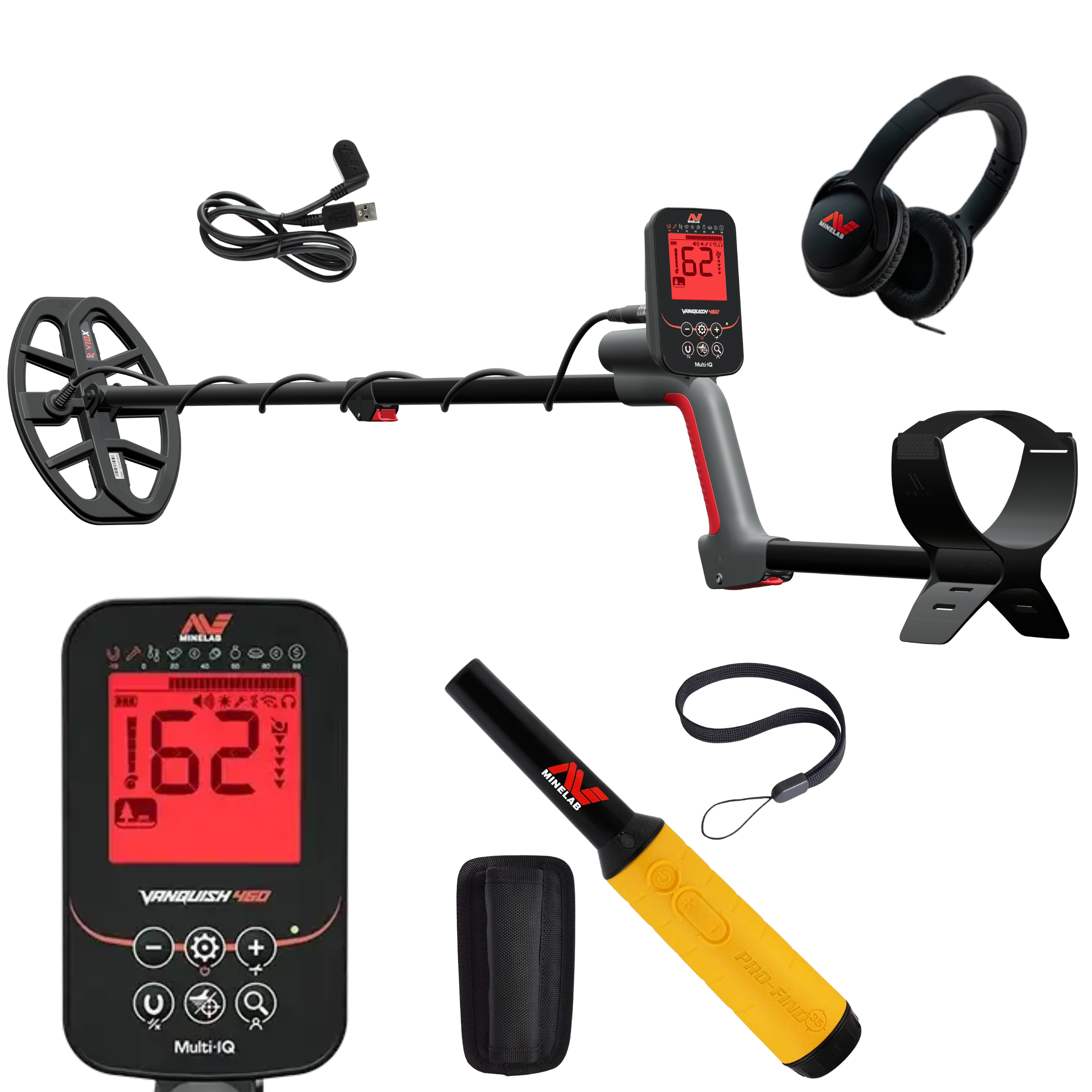 Minelab Vanquish 460 Waterproof Multi-Frequency Metal Detector With Wired Headphones & Pro-Find 35 Pinpointer