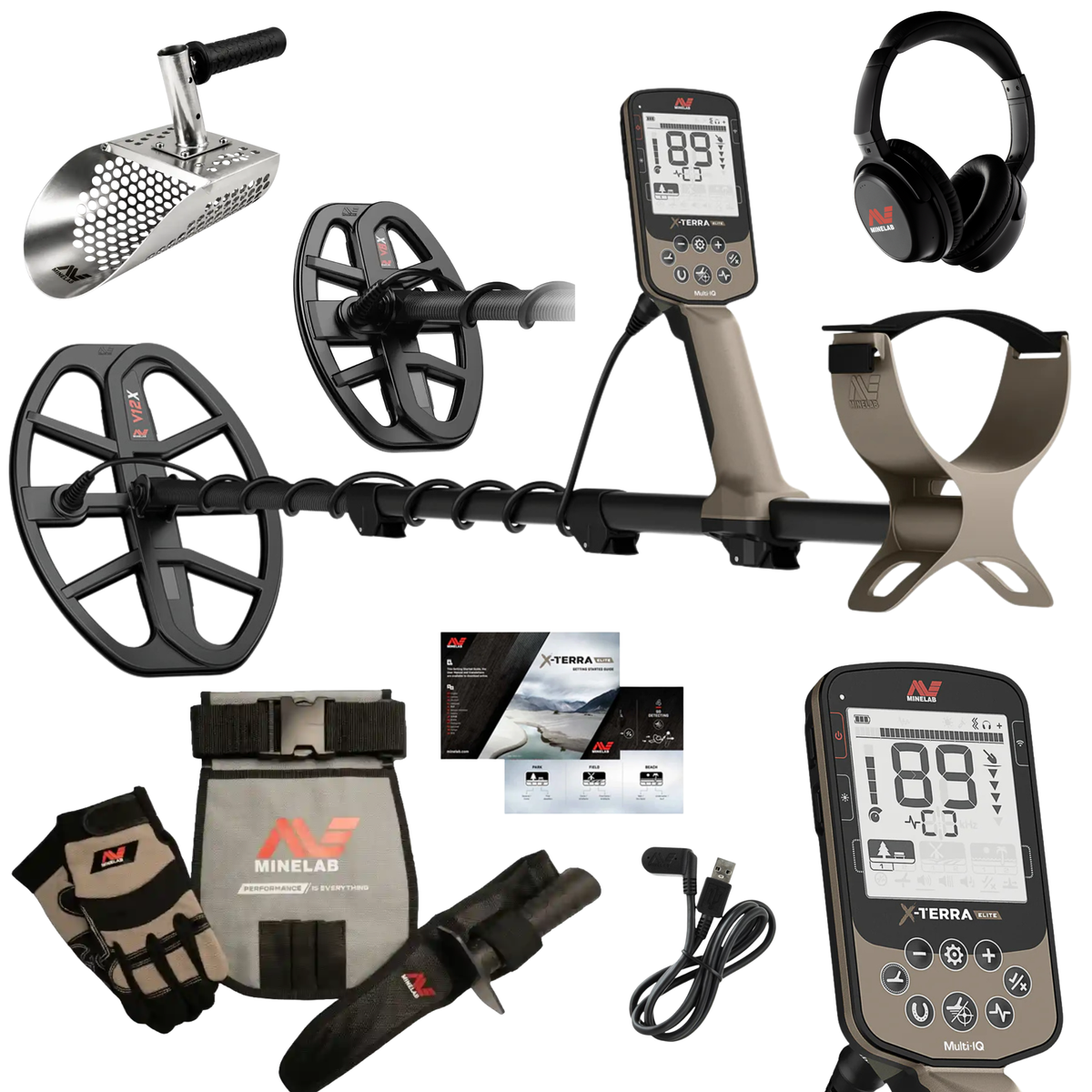 Minelab X-TERRA ELITE 2-Coil EXPEDITION PACK Multi-Frequency Waterproof Metal Detector with Wireless Headphones, FREE Adventure Pack & Sand Scoop
