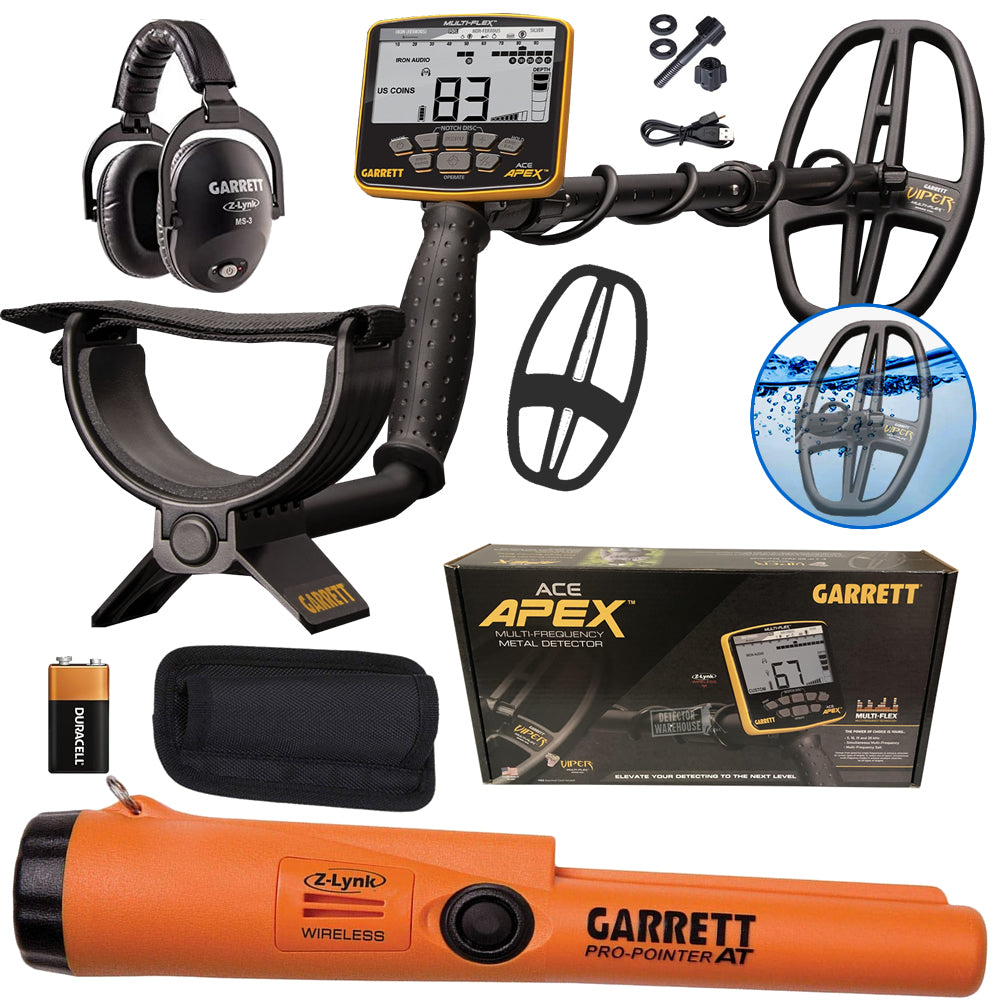 Garrett ACE APEX VIPER Multi-Frequency Metal Detector - Z-Lynk Wireless Headphones, Pro-Pointer AT Z-Lynk, Coil Cover
