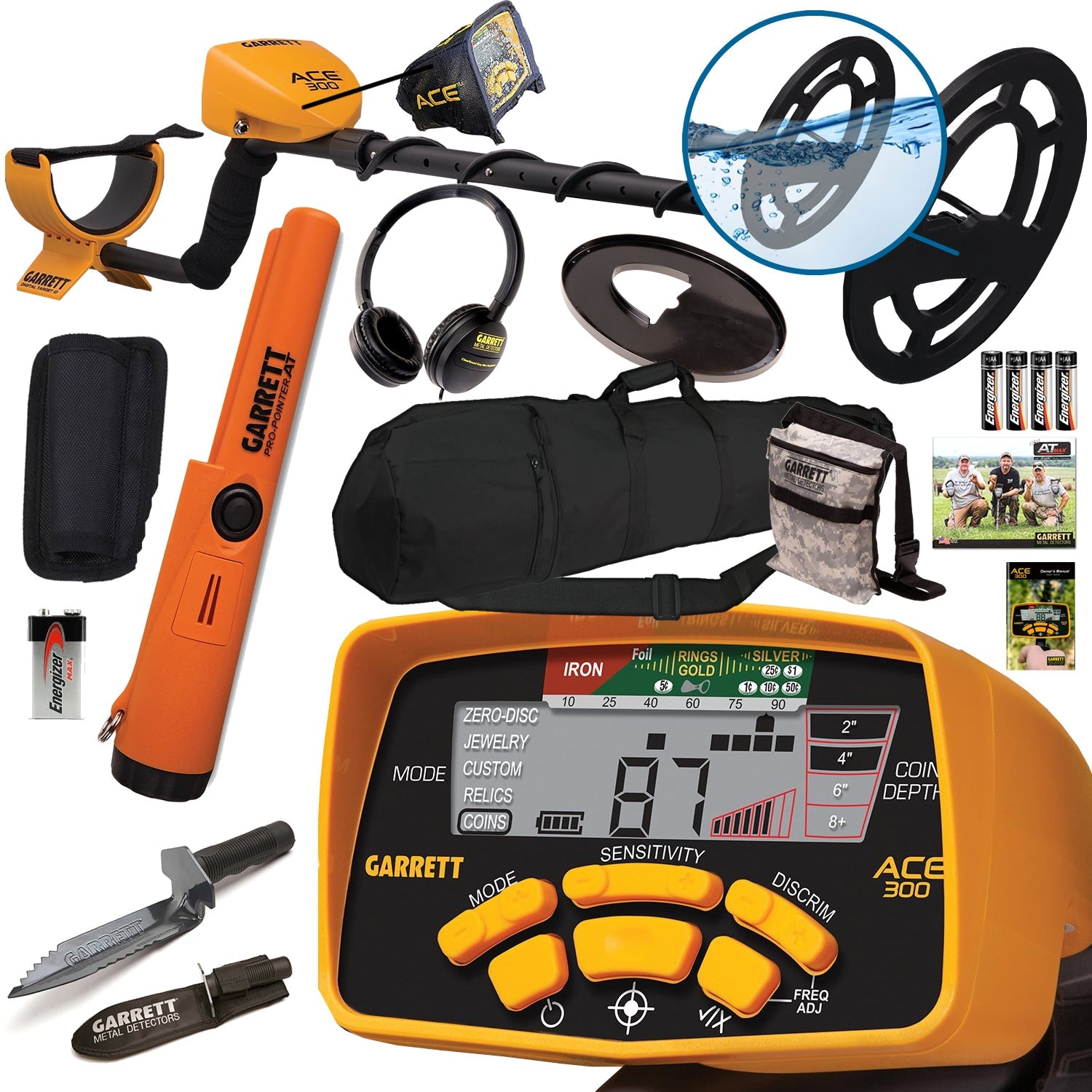 Garrett ACE 300 Metal Detector Bundle with Pro-Pointer AT Waterproof Pinpointer,Travel Carry Bag, Edge Digger & Pouch