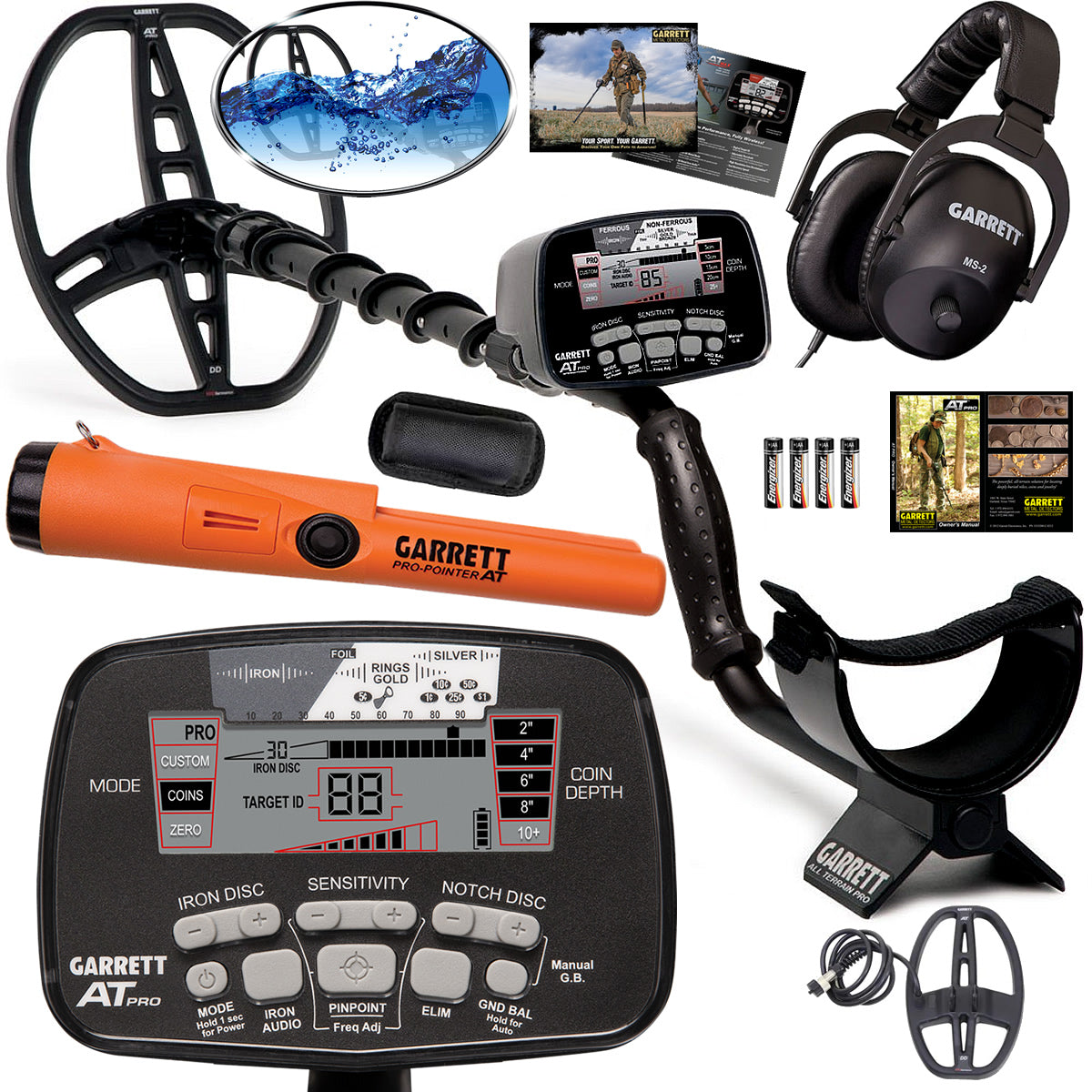 Garrett AT PRO Metal Detector with 2 Coils + Pro-Pointer AT Underwater Pinpointer