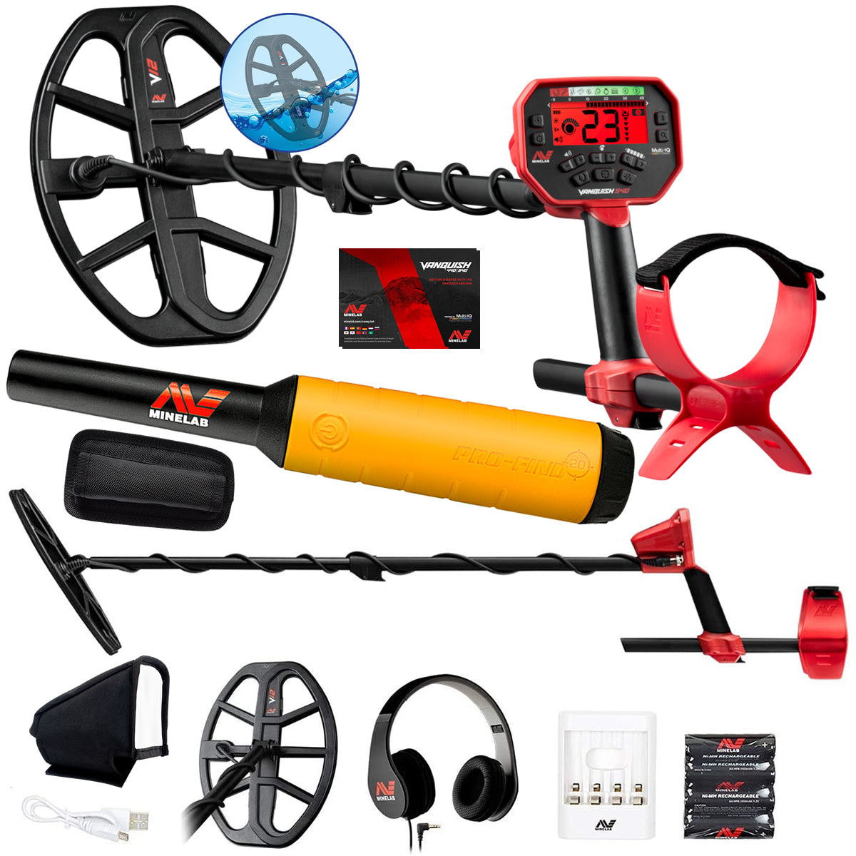 Minelab Vanquish 540 Metal Detector Bundle with Pro-Find 15 Pinpointer, Headphones, 12" Coil with cover & Rechargeable Batteries