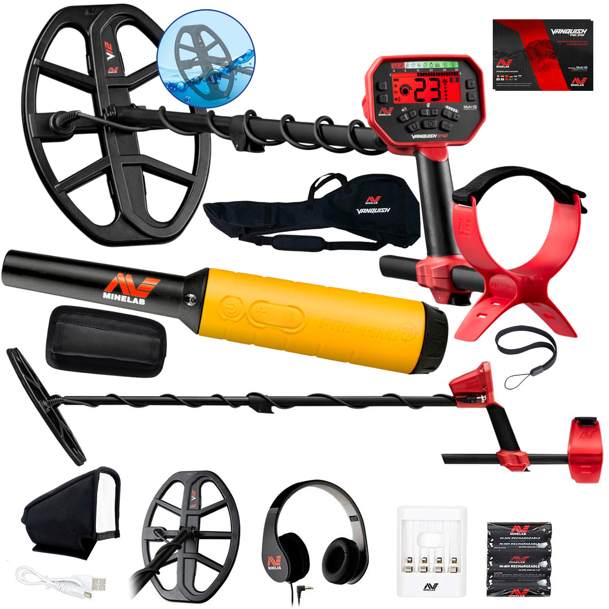Minelab Vanquish 540 Metal Detector with Pro-Find 35 Pinpointer, Headphones, 12" Coil, Carry Bag