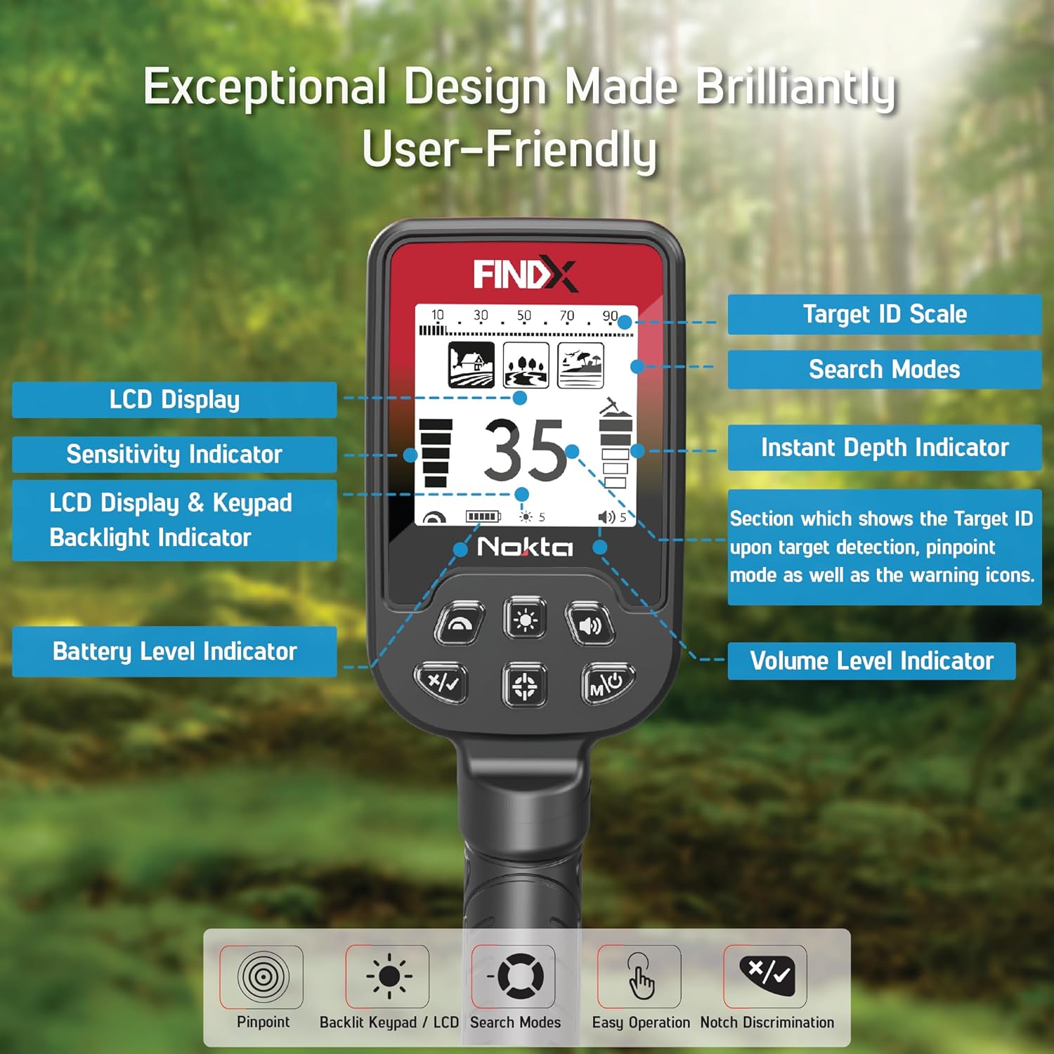 Nokta FindX Metal Detector with Rechargeable Battery, Bag, Digger & Headphones