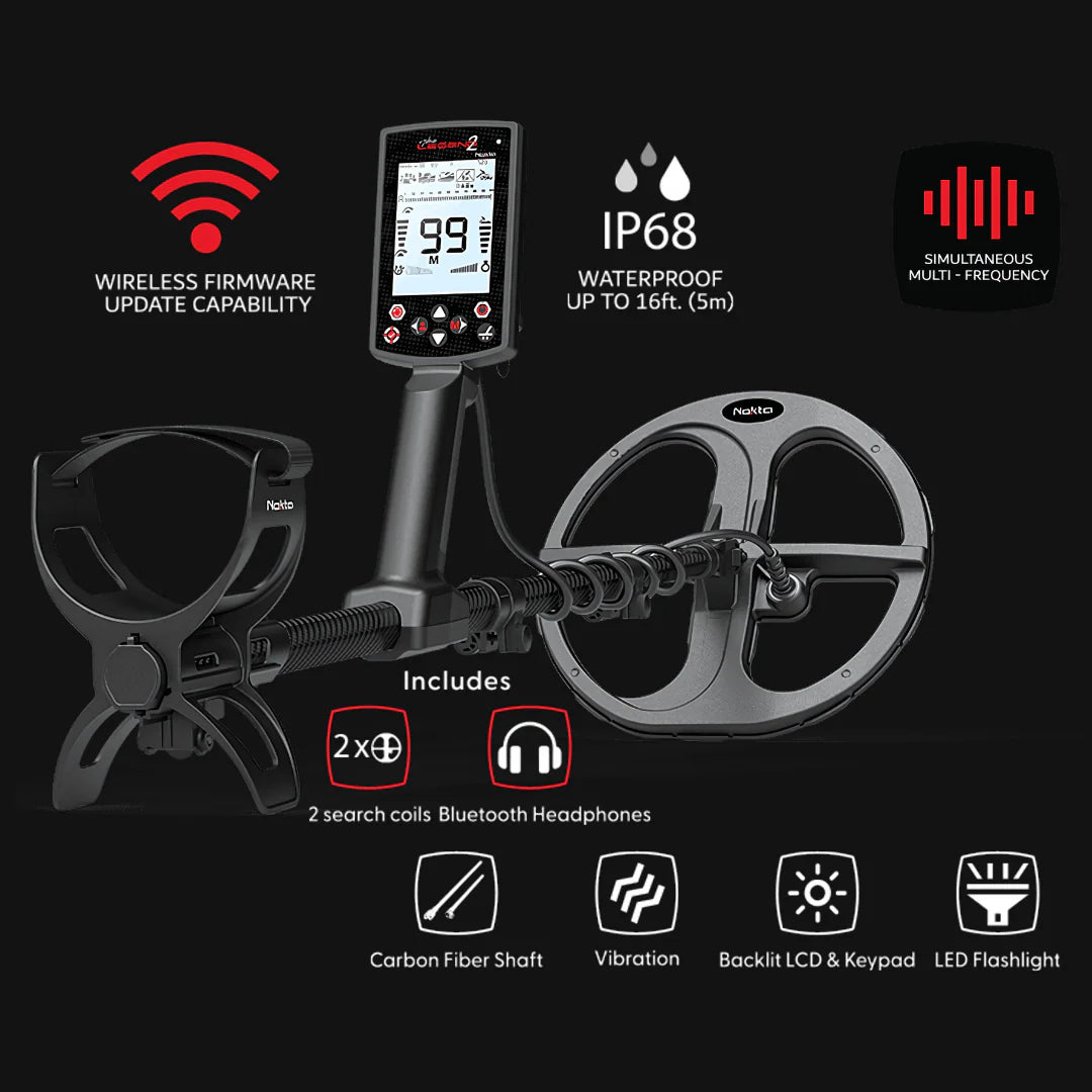 Nokta Legend 2 Waterproof Metal Detector Lightweight Multi-Frequency with LD28 & LD21 Coils and Wireless Bluetooth® Headphones