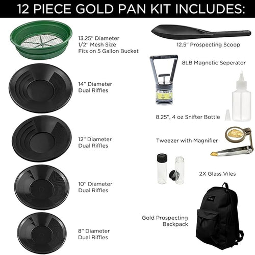 12-Piece Gold Panning Kit with Black Backpack – Complete Prospecting Tools for All Ages