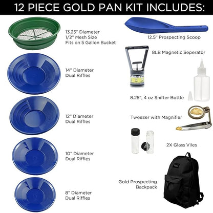 Deluxe Gold Prospecting Kit (12-Piece) with Carry Backpack – Blue Gold Pans & Tools Set