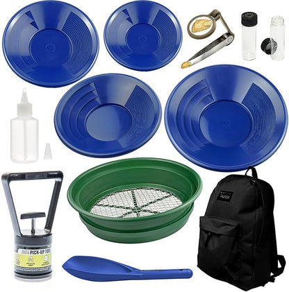 Deluxe Gold Prospecting Kit (12-Piece) with Carry Backpack – Blue Gold Pans & Tools Set