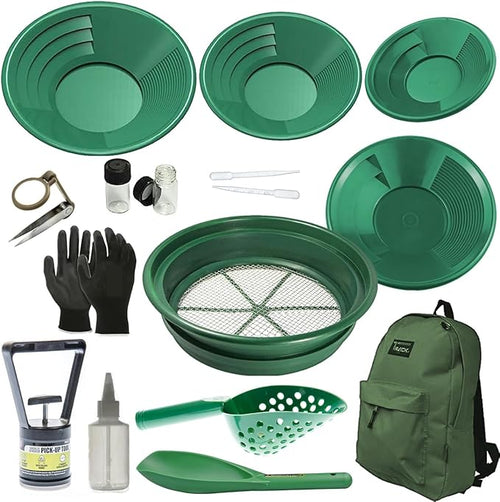 16-Piece Professional Gold Panning Kit – Complete Gold Prospecting Equipment with Pans, Classifiers, Backpack & Accessories