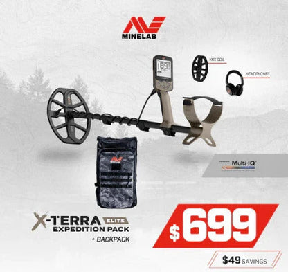Minelab X-Terra Elite 2 Coil Expedition Pack Multi-Frequency Waterproof Metal Detector with Wireless Headphones & Backpack