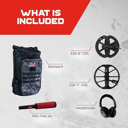 Minelab Equinox 900 Waterproof Multi-Frequency Metal Detector with 11" DD Coil, 6" DD Coil, Backpack & PRO-FIND 40 Pinpointer