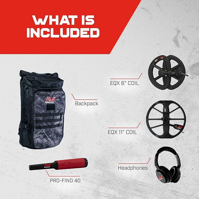 Minelab Equinox 900 Waterproof Multi-Frequency Metal Detector with 11" DD Coil, 6" DD Coil, Backpack & PRO-FIND 40 Pinpointer