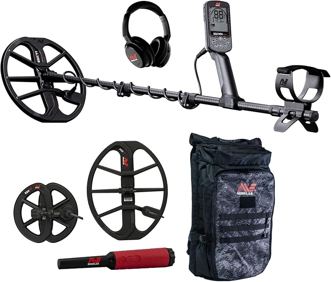 Minelab Equinox 900 Waterproof Multi-Frequency Metal Detector with 11" DD Coil, 6" DD Coil, PRO-FIND 40 Pinpointer, Backpack & EQX 15 Coil