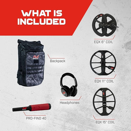 Minelab Equinox 900 Waterproof Multi-Frequency Metal Detector with 11" DD Coil, 6" DD Coil, PRO-FIND 40 Pinpointer, Backpack & EQX 15 Coil