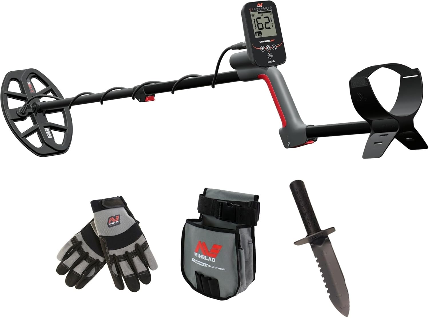 Minelab Vanquish 360 Adventure Pack Multi-Frequency Waterproof Metal Detector with Digger, Finds Pouch & Gloves