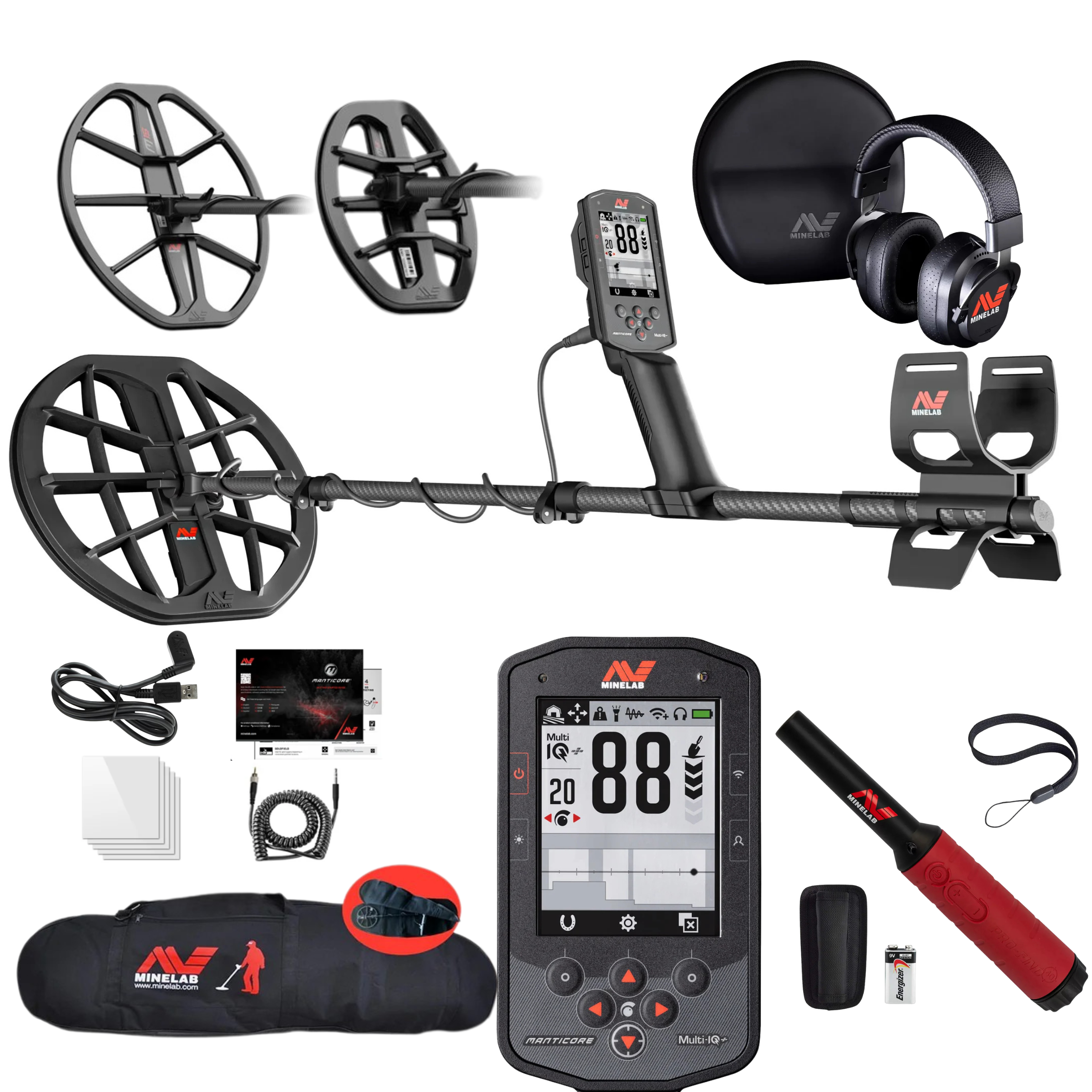 Minelab Manticore Metal Detector - Multi-Frequency, Waterproof, 3 Coil Package with M8 & M15 Coils, Pro-Find 40 & Padded Bag