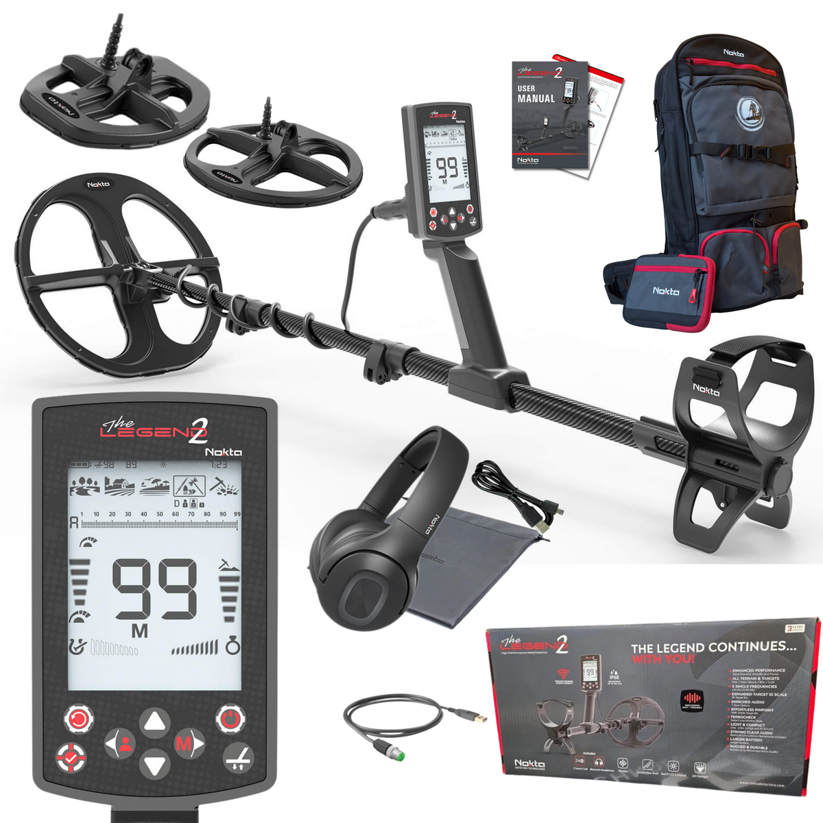 Nokta Legend 2 Metal Detector With Backpack, LD21, LD28, & FREE LD22 Searchcoil