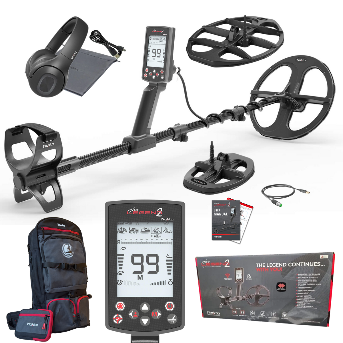 3 Coil Pkg Nokta Legend 2 Simutaneous Multi Frequency Metal Detector With Wireless Headphones, BackPack, LD21, LD28, & FREE LD38 Searchcoil