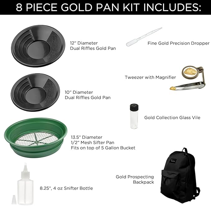 8-Piece Professional Gold Panning Kit with Backpack – Black Gold Prospecting Gear Set for Beginners & Experts