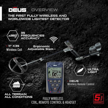 XP DEUS RC Weatherproof & Fully Wireless Metal Detector – Ideal for Treasure & Relic Hunting with 9" X35 Frequency Coil & WS5 Headphones