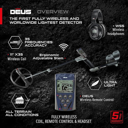 XP Deus RC Wireless Waterproof Metal Detector with 11" Search Coil & WS5 Headphones