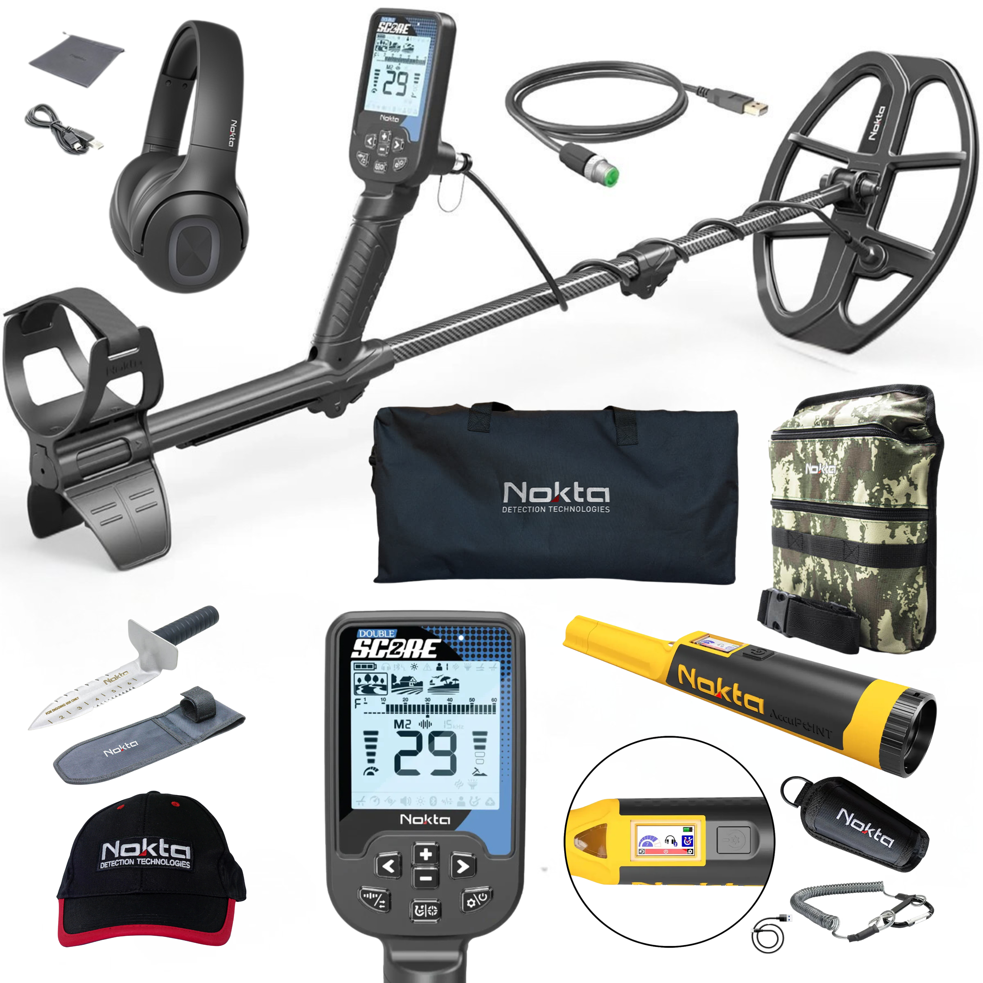 Nokta Score 2 Multi-Frequency Metal Detector – Waterproof Bundle with Wireless Headphones, AccuPOINT, Digger, and Gear