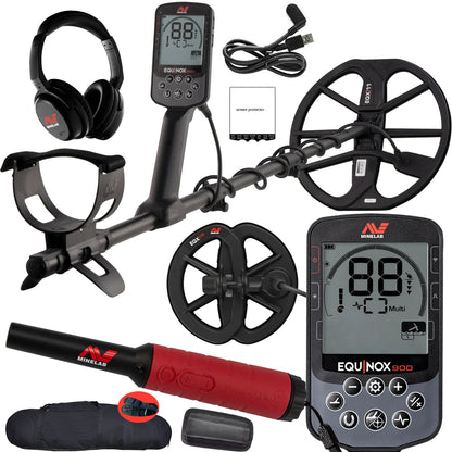 Minelab Equinox 900 Waterproof Multi-Frequency Metal Detector with 11" & 6" DD Coils, Pro-Find 40 Pinpointer & Padded Carry Bag