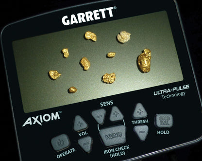 Garrett Axiom Pro Gold Pulse Induction Metal Detector with 11" Mono Coil, 13"x11" DD Coil, Wireless Headphones, Battery Booster & Travel Pack
