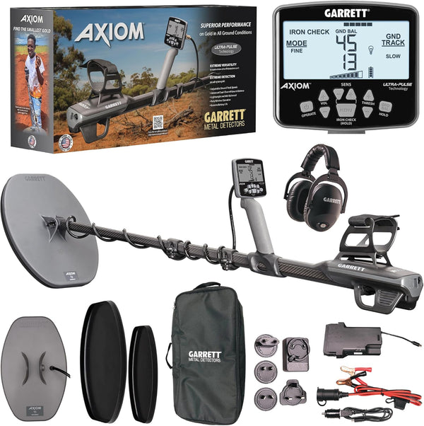 Garrett Axiom Pro Gold Pulse Induction Metal Detector With 11" Mono Coil, 13"x11" DD Coil, Wireless Headphones, Battery Booster and Travel Pack