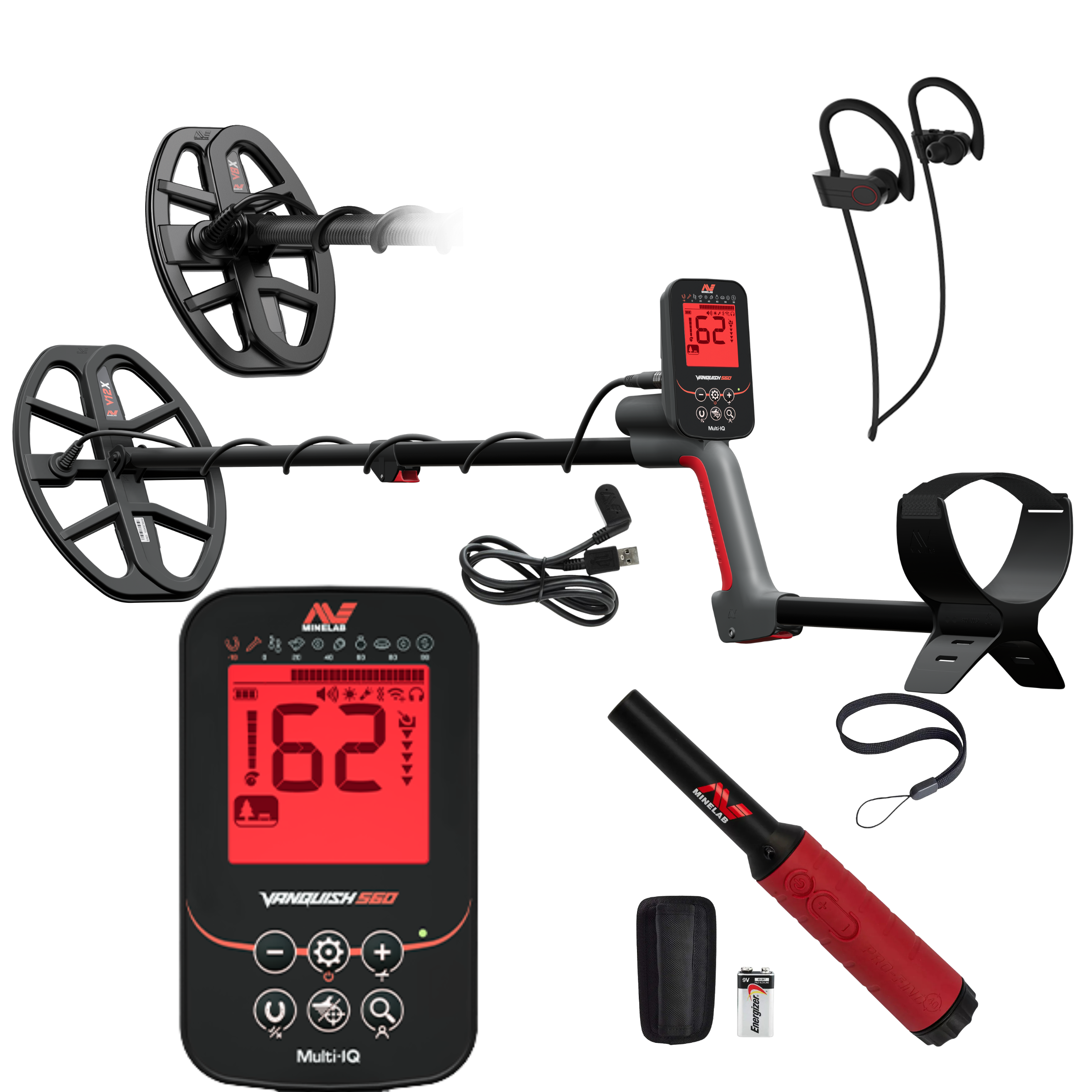 Minelab Vanquish 560 Pro Pack Multi-IQ™ Waterproof Metal Detector With 2 Coils, ML60 Wireless Earbuds & Pro-Find 40 Pinpointer