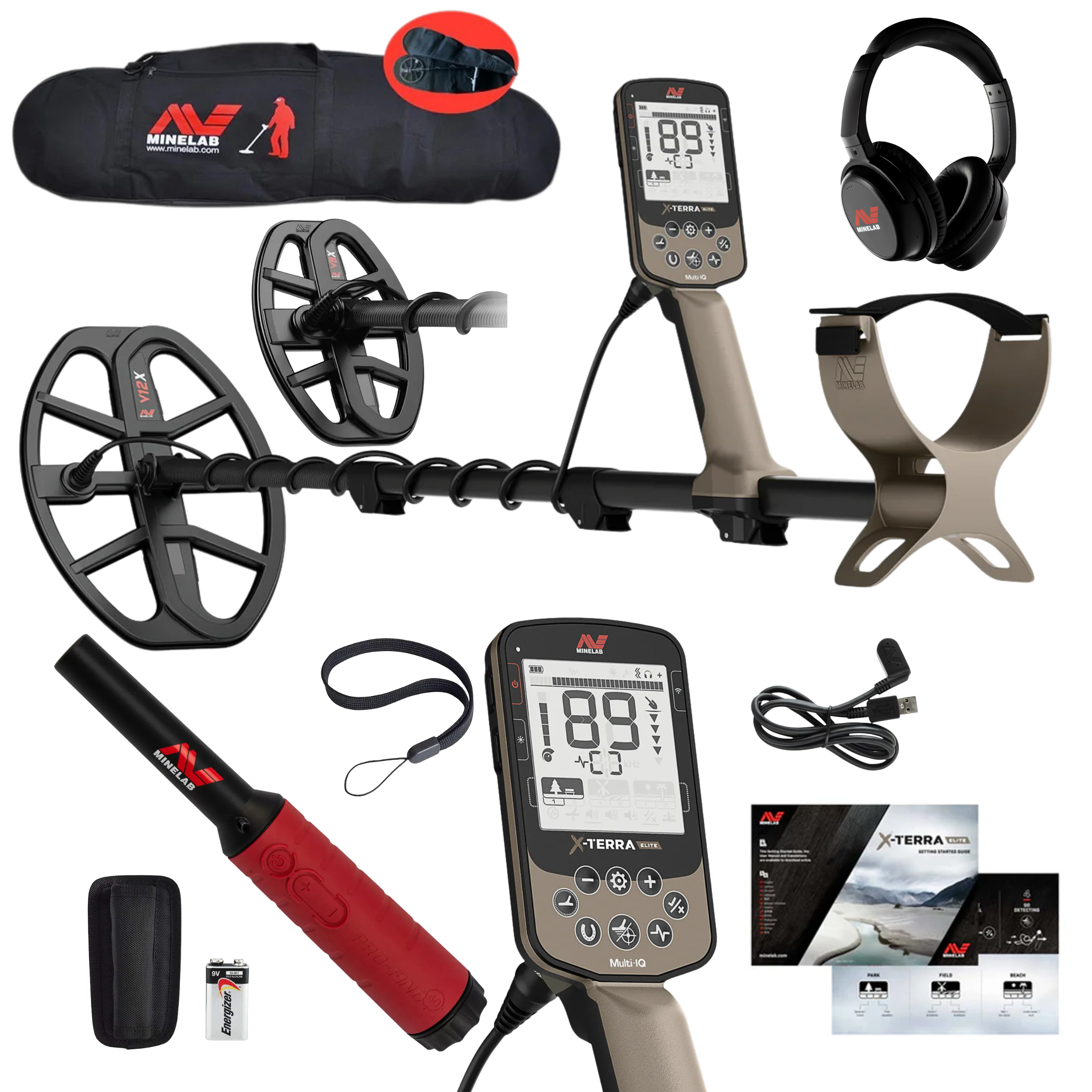 Minelab X-Terra Elite Expedition Pack – Multi-Frequency Waterproof Detector + 2 Coils, Pro-Find 40, Wireless Headphones & Travel Bag
