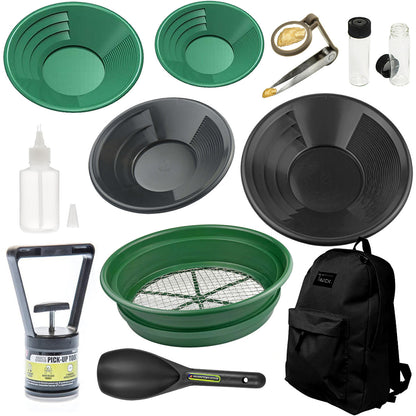 Deluxe Gold Panning Kit – 12-Piece Set with Gold Pans, Tools & Backpack for Prospecting