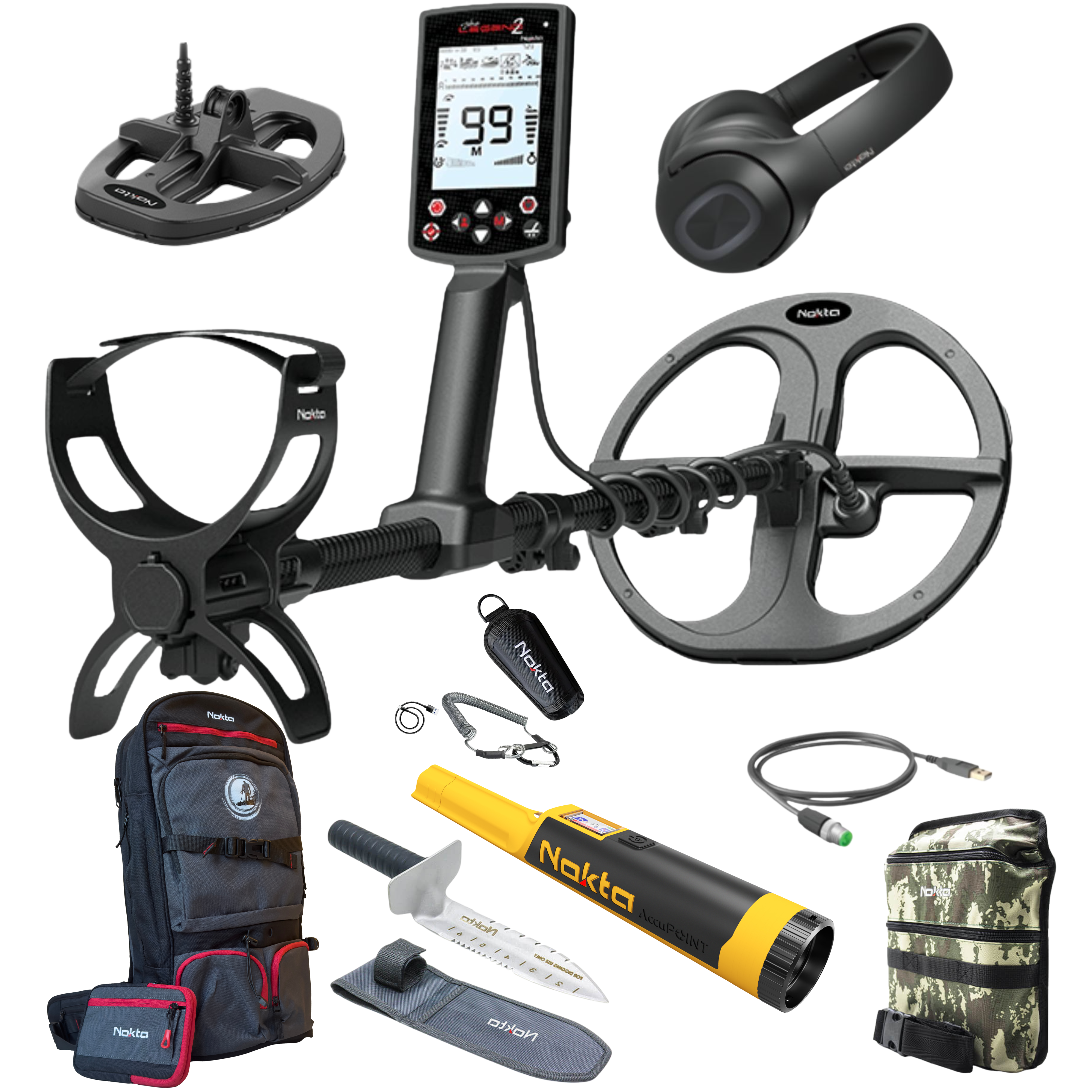 Full Bundle Nokta Legend 2 Waterproof Metal Detector with 2 Coils, Headphones, AccuPOINT, Premium Digger, Shovel, Finds Pouch & DetectoBag Backpack