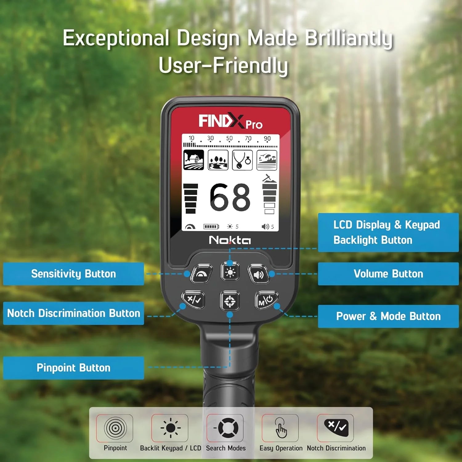 Nokta FindX PRO Waterproof Metal Detector with Rechargeable Battery, Bag, Digger & Headphones