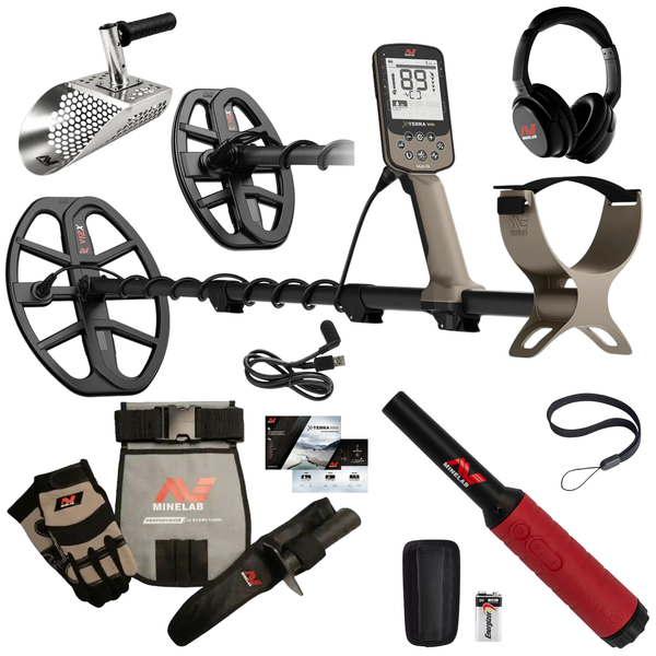 Minelab X-TERRA ELITE 2-Coil EXPEDITION PACK Multi-Frequency Waterproof Metal Detector with Wireless Headphones, PRO-FIND 40 Waterproof Pinpointer, FREE Adventure Pack & Sand Scoop