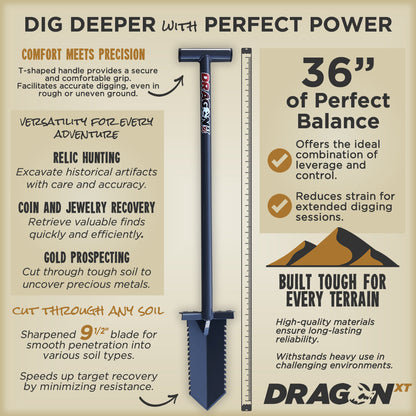DragonXT Metal Detecting Shovel – 36" T-Handle with Serrated Edge for Tough Soil
