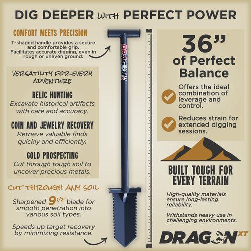 DragonXT Metal Detecting Shovel – 36" T-Handle with Serrated Edge for Tough Soil