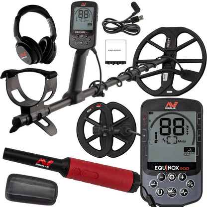 Minelab Equinox 900 Waterproof Multi-Frequency Metal Detector with 11" & 6" DD Coils and Pro-Find 40 Pinpointer