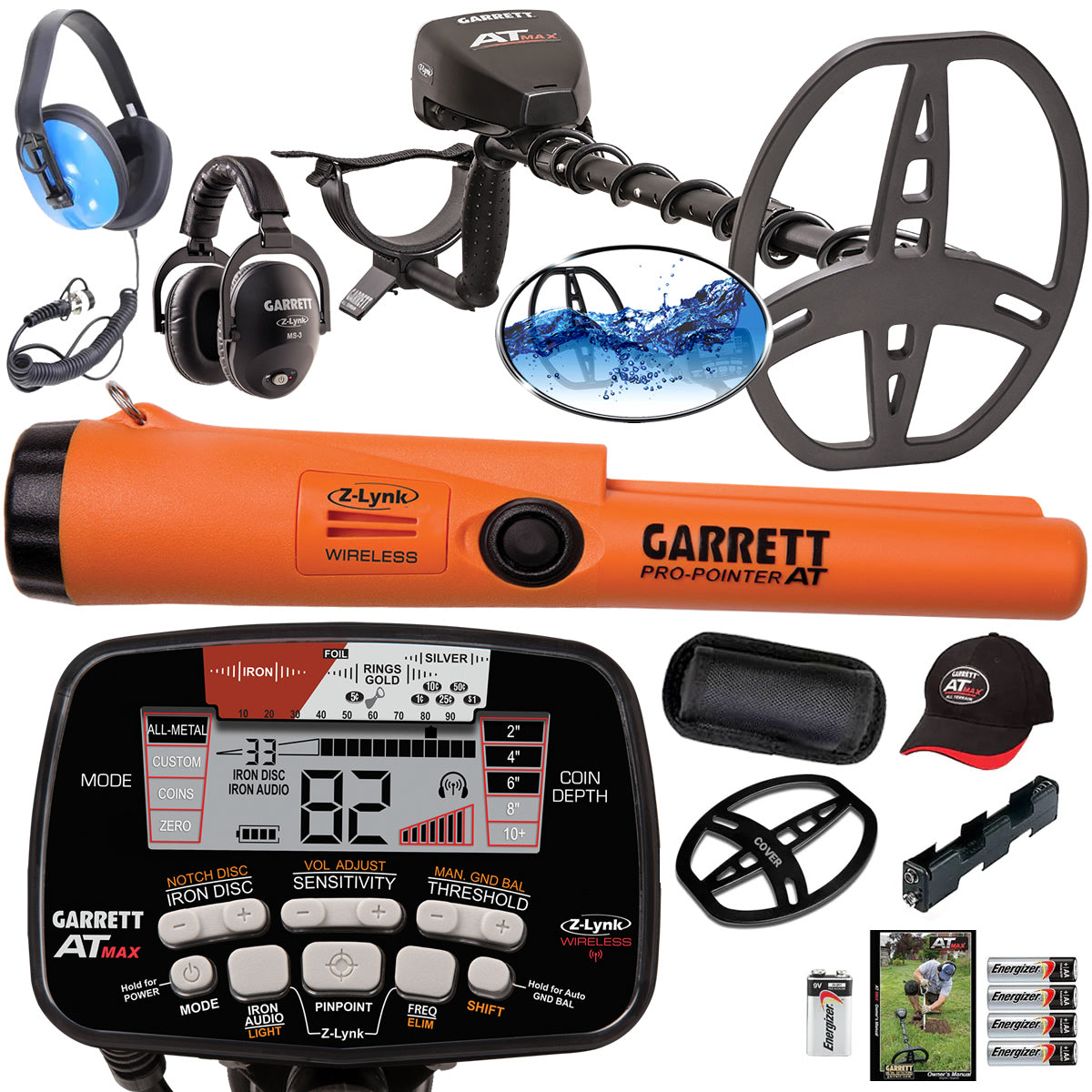Garrett AT MAX Metal Detector with Waterproof Headphones & Pro-Pointer AT Z-Lynk Pinpointer
