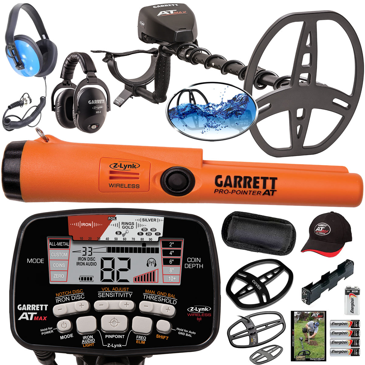 Garrett AT MAX with 2 Coils, Waterproof Headphones & Pro-Pointer AT Z-Lynk Pinpointer
