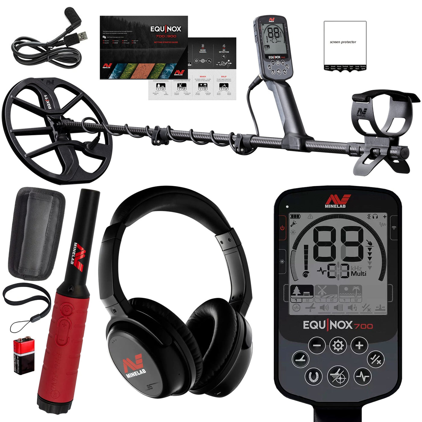 Minelab Equinox 700 Waterproof Multi-Frequency Metal Detector with 11" DD Coil and Pro-Find 40 Waterproof Pinpointer