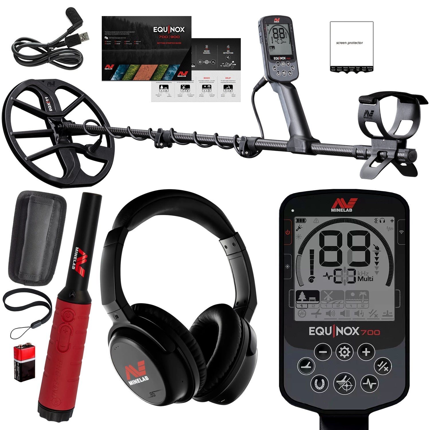 Minelab Equinox 700 Waterproof Multi-Frequency Metal Detector with 11" DD Coil and Pro-Find 40 Waterproof Pinpointer