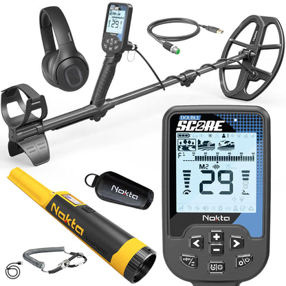 Nokta Score 2 Multi-Frequency Metal Detector – Waterproof Bundle with Wireless Headphones, AccuPOINT, Digger, and Gear